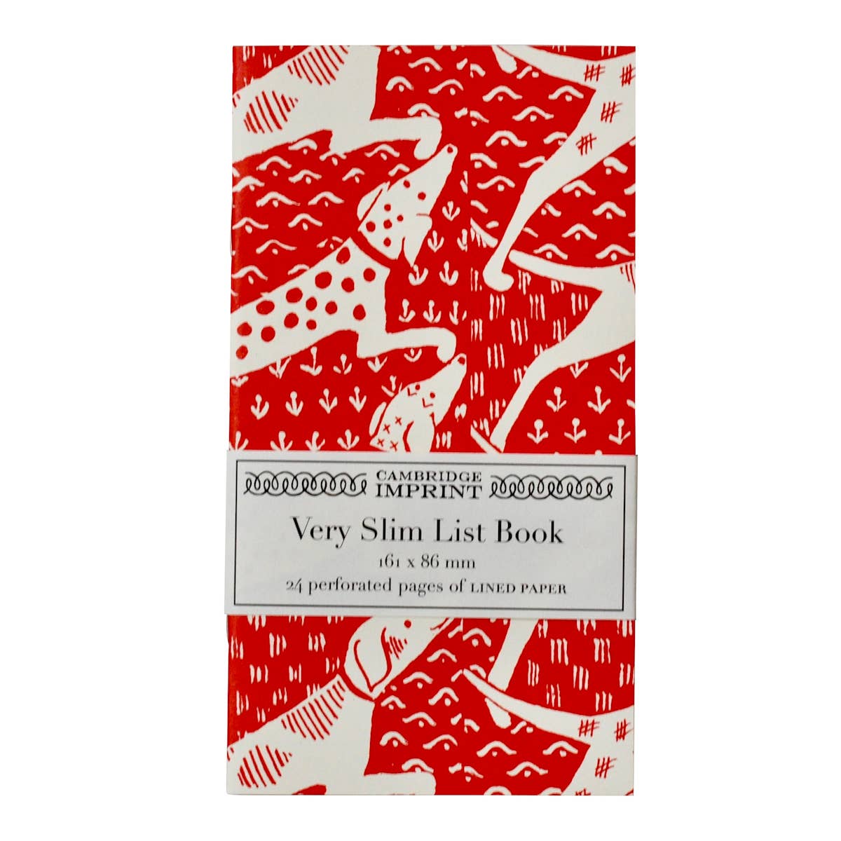 Cambridge Imprint very slim list book with red and white design on a white background