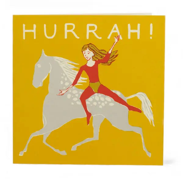 Illustrated greeting card with girl in red riding grey horse and Hurrah title