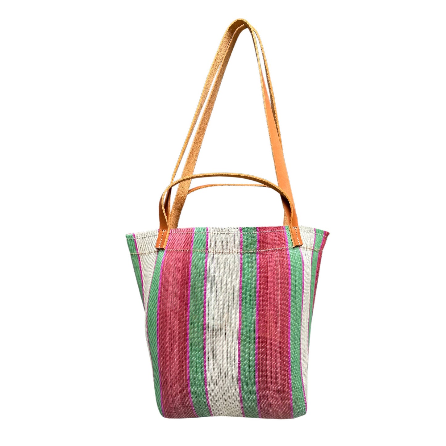 Picture of green and pinks striped tote bag against a white background.