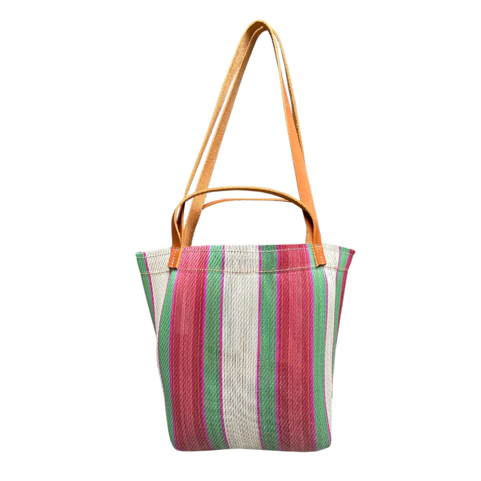 Picture of green and pinks striped tote bag against  a white background.