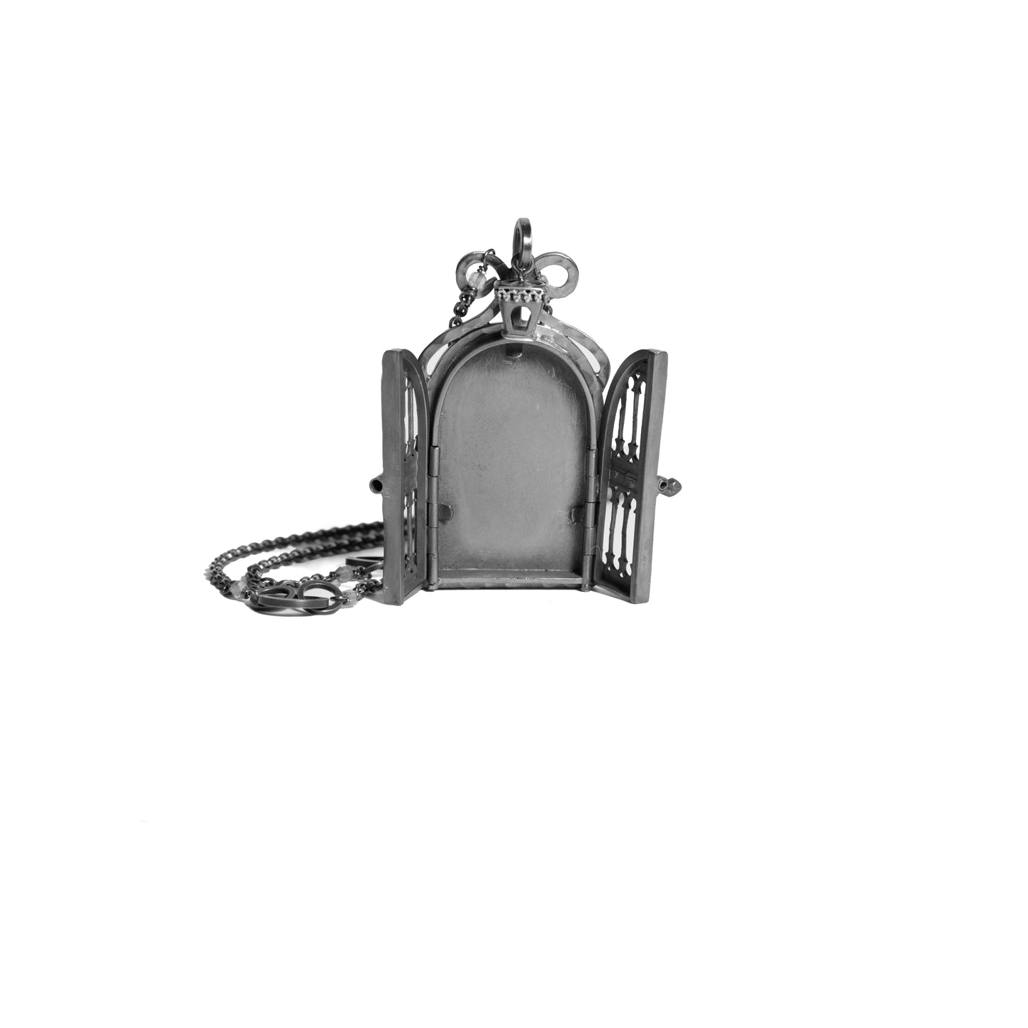 Silver birdcage-shaped photo frame pendant on a white background