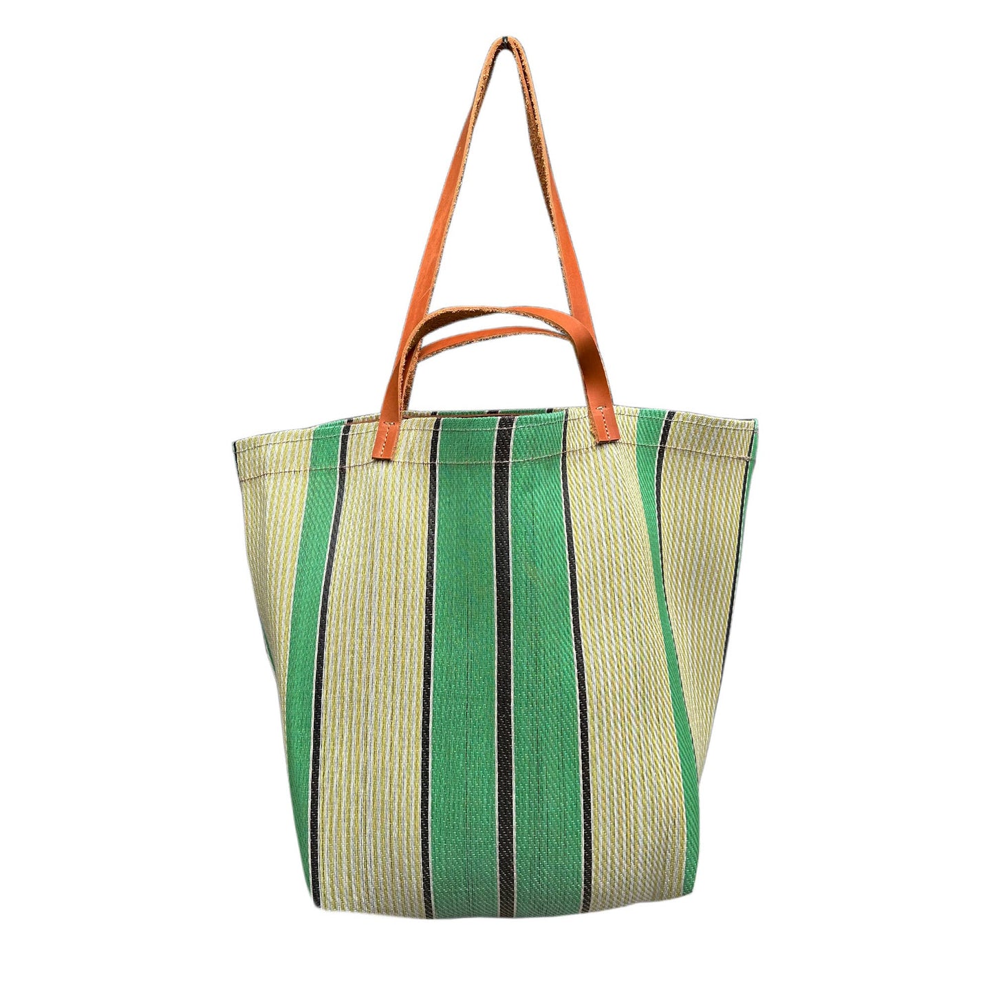 Picture of yellow and green striped tote bag on a white background
