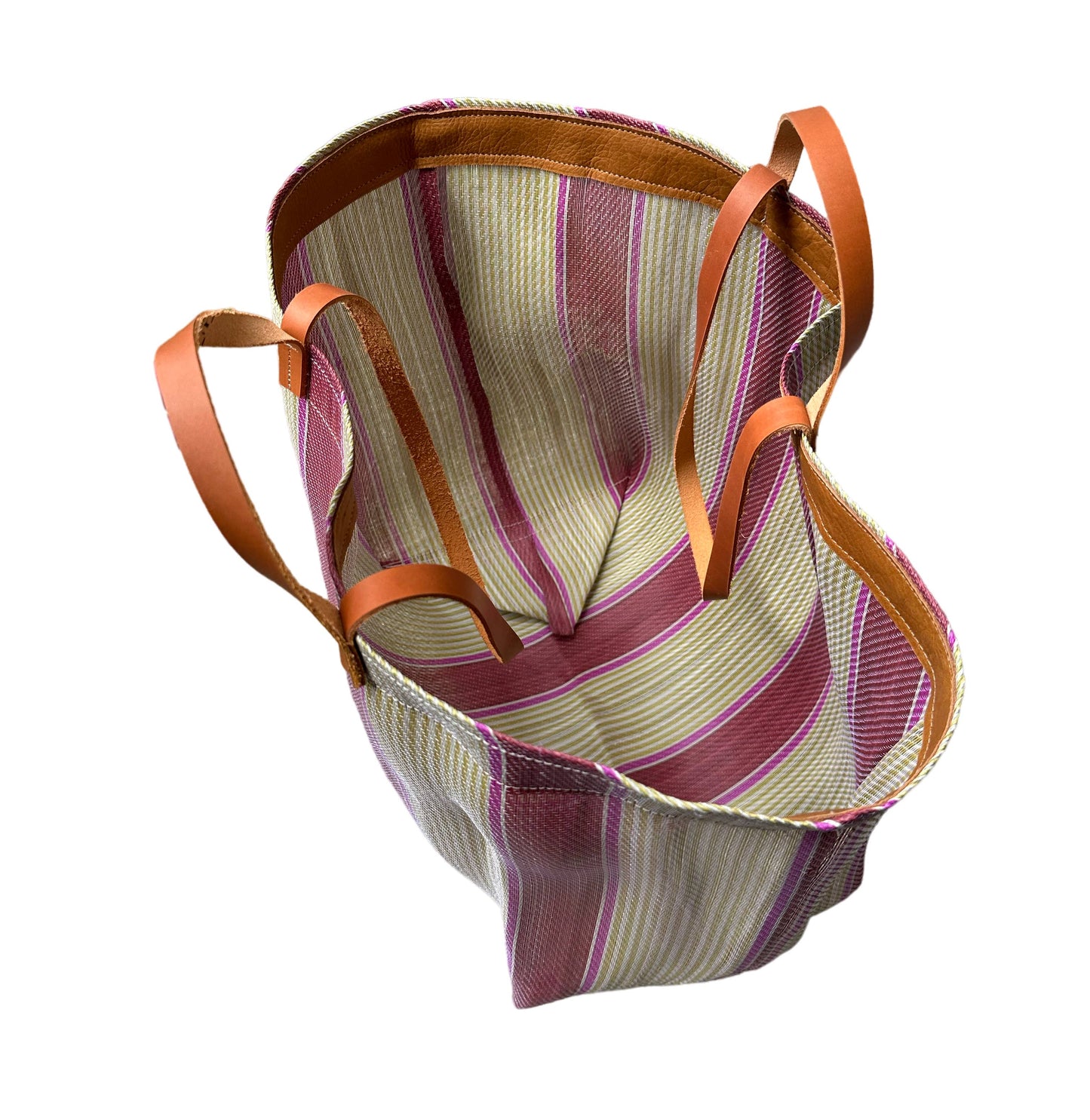 Picture of purple, pink and yellow strped total back. Top open back view.