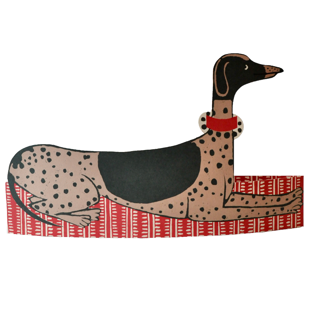Dog-shaped doormat with a red collar on a white background