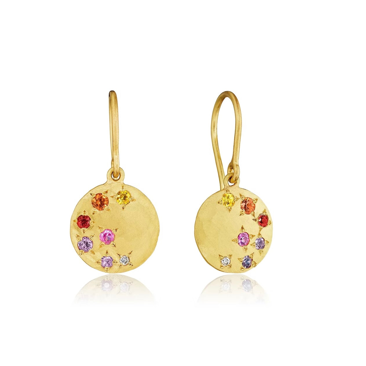 small gold disk earrings with multi colored sapphires on gold earwire