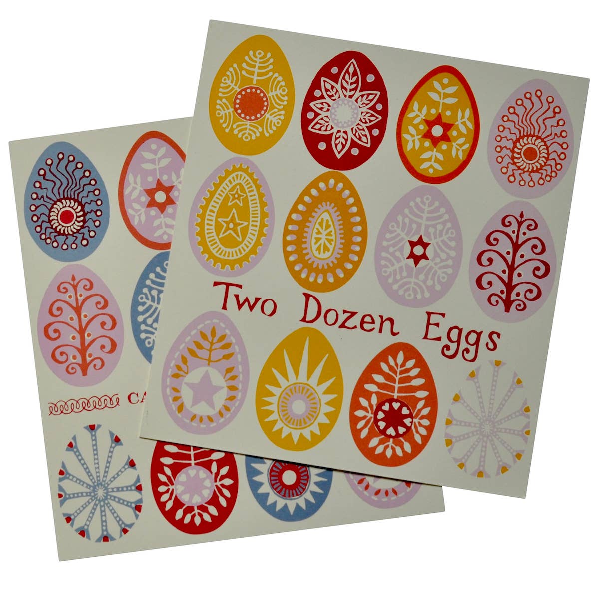 Two sheets of decorative Easter egg stickers with colorful patterns on a white background.