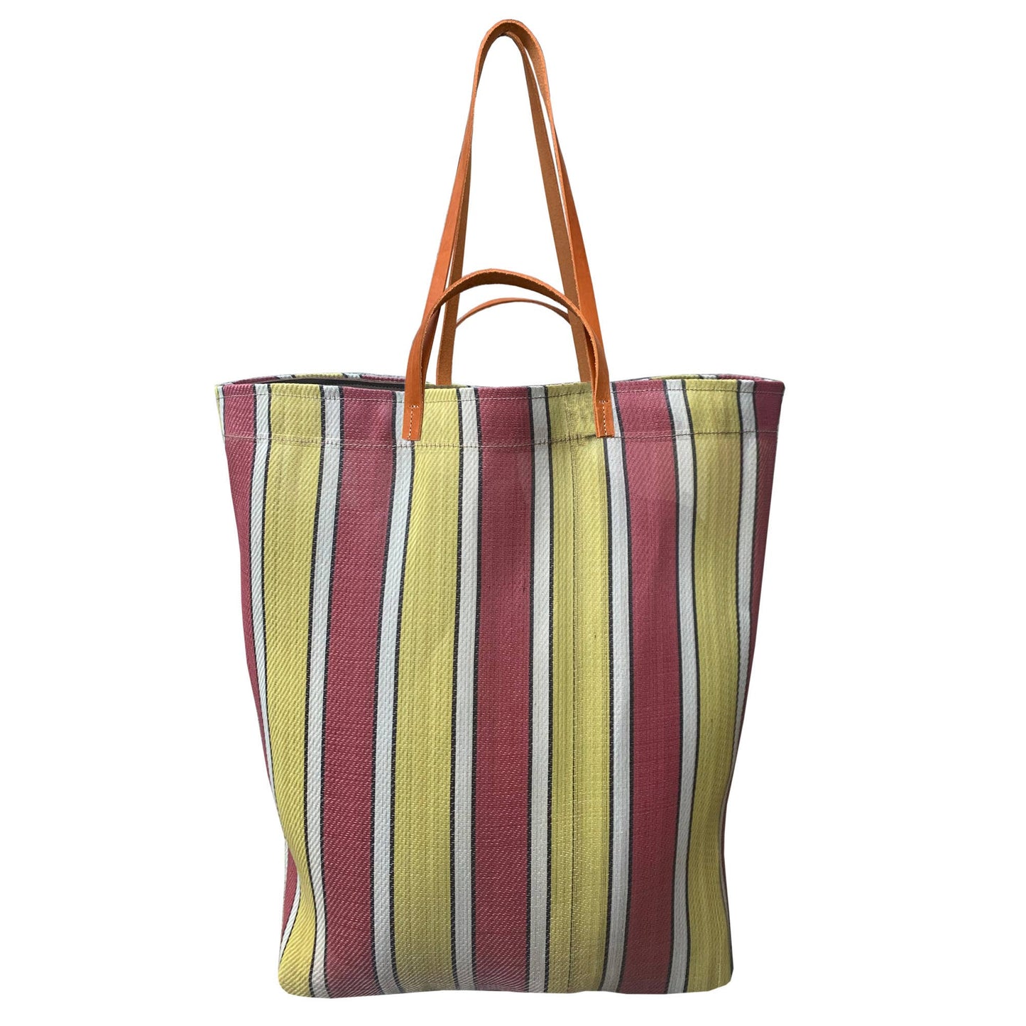 Picture of yellow, white and purple striped tote bag. Front view.