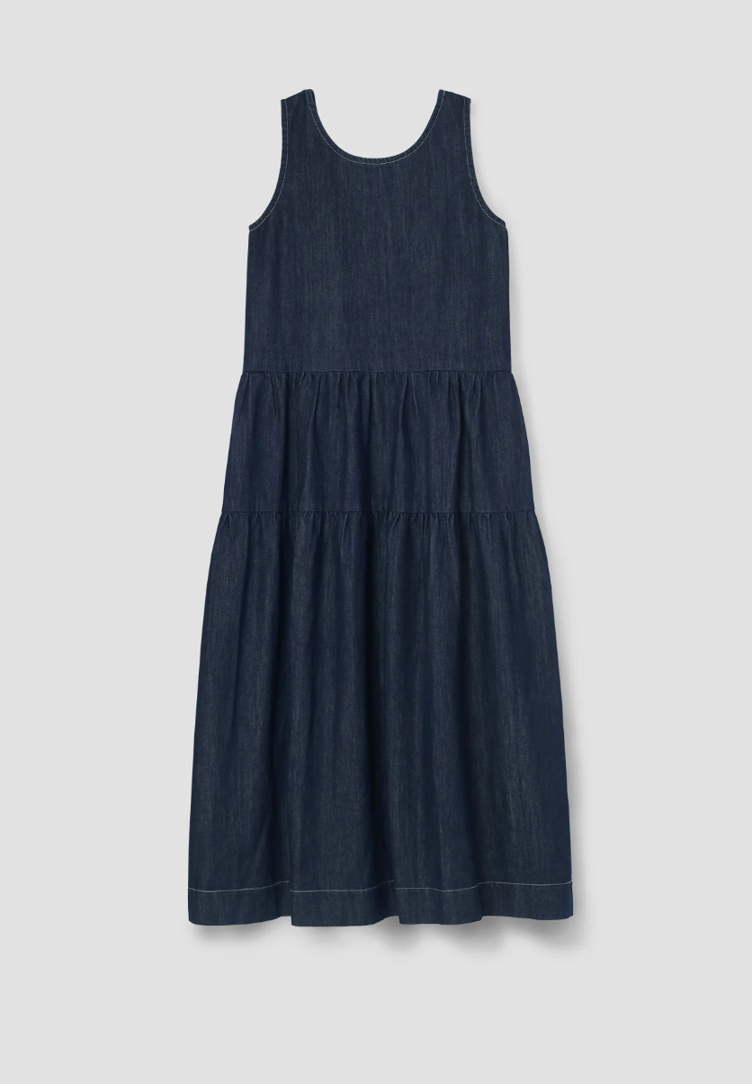 Dark blue dress on a light gray background