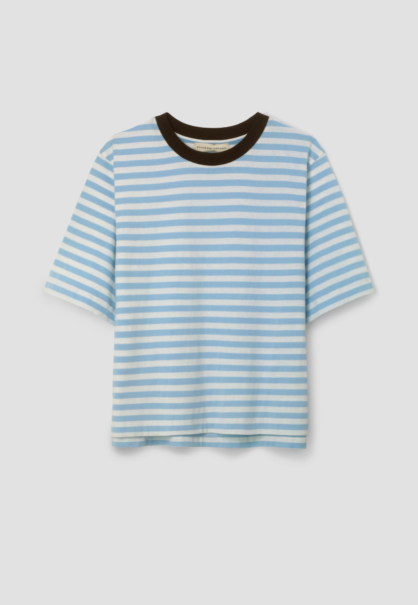 Blue and white striped shirt with brown neckline on a light gray background