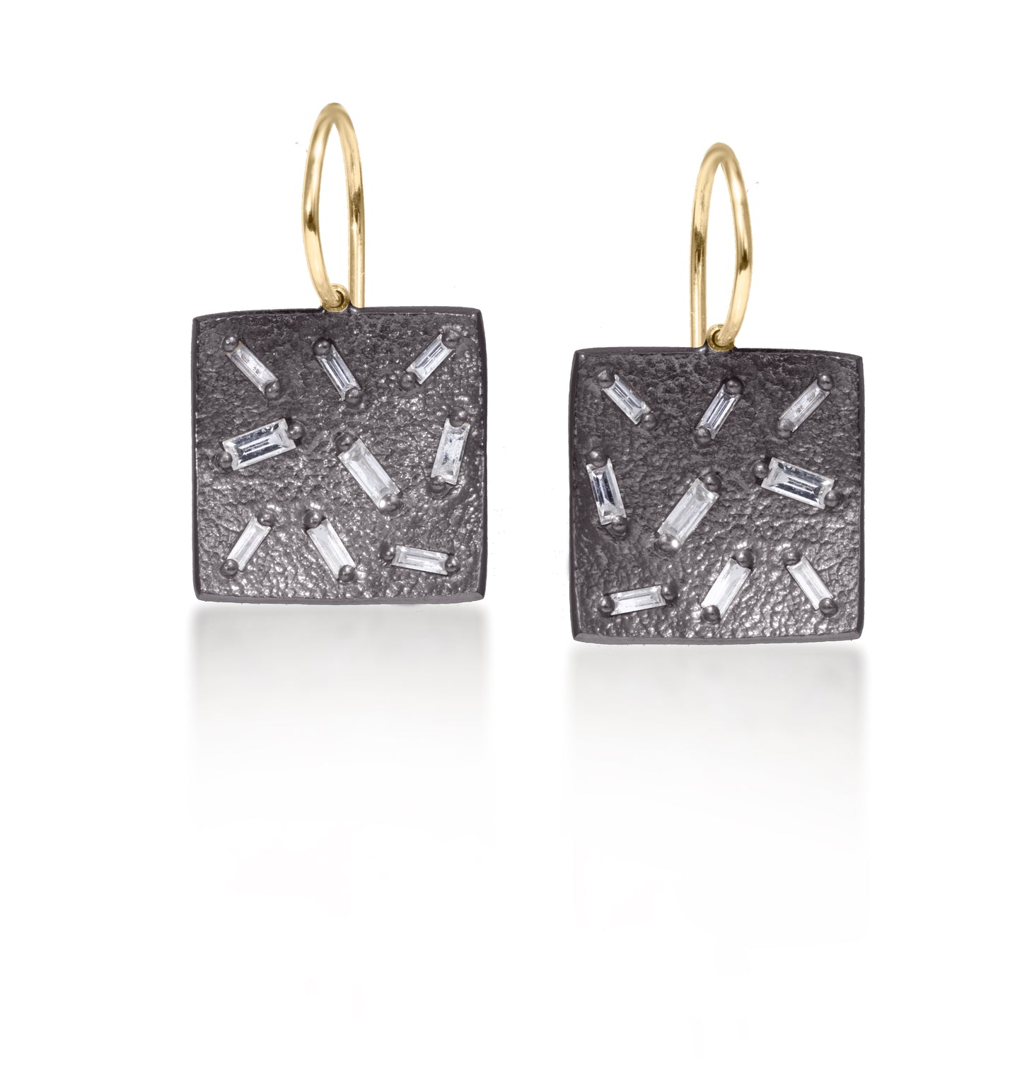 Ice Drop Square Earrings in Oxidized Silver with Diamonds