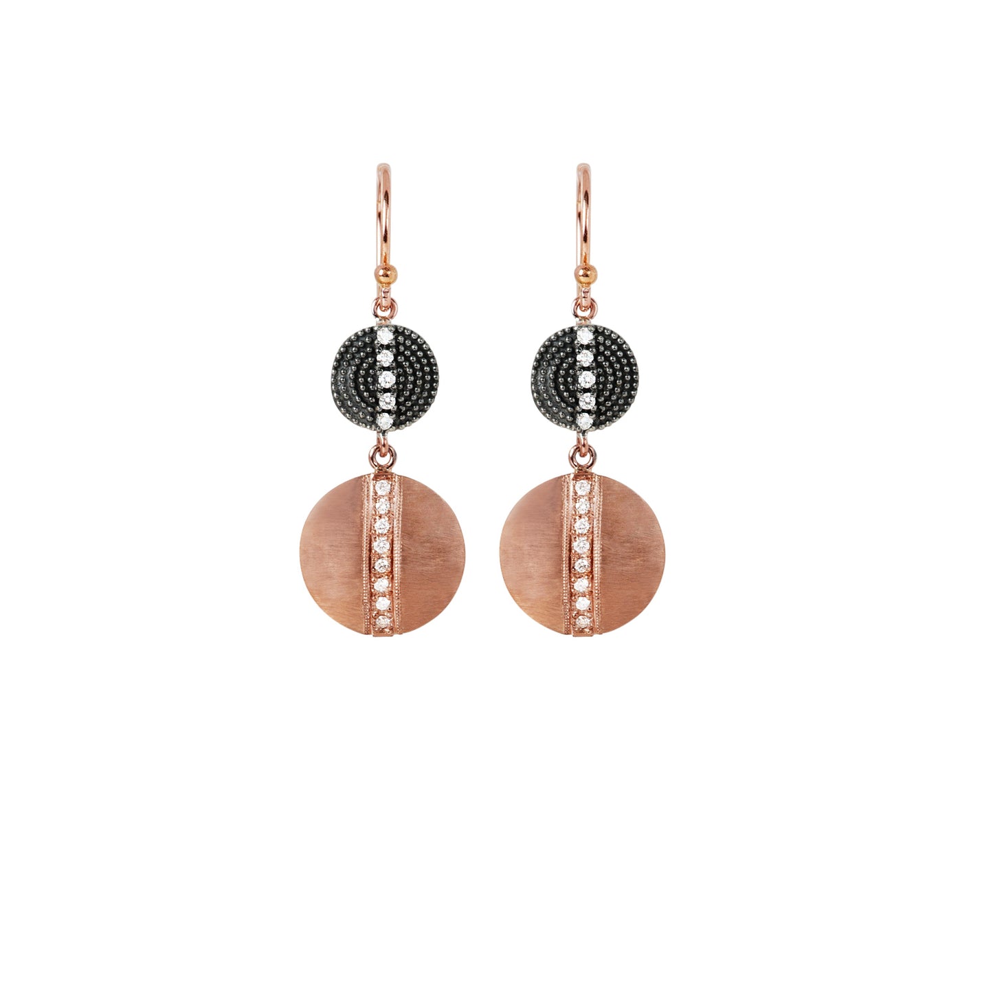 Pair of earrings with rose gold and black bead design on a white background