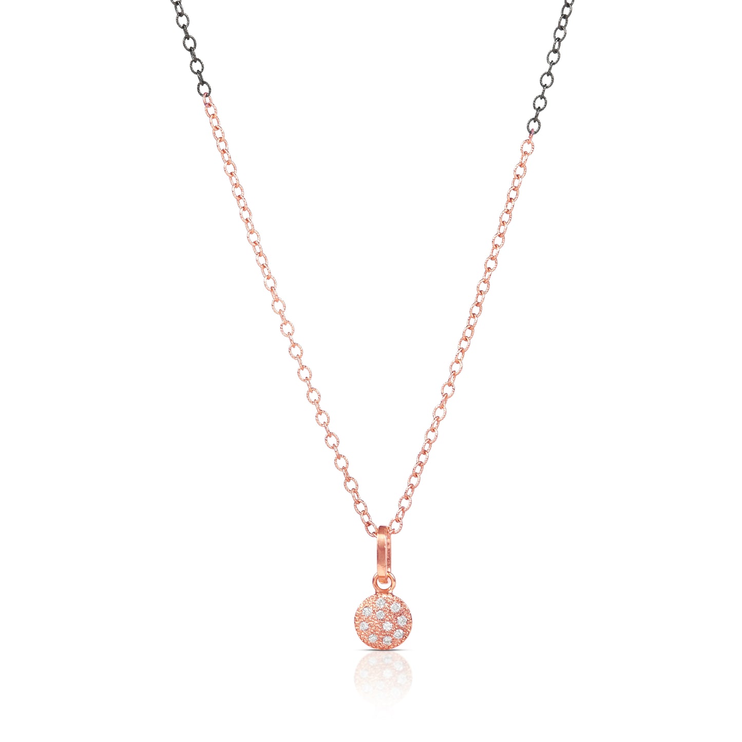Rose gold necklace with a small round pendant on a white background