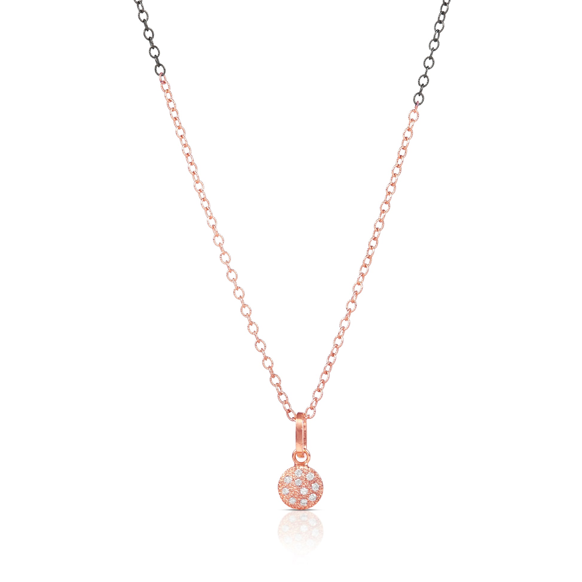 Rose gold necklace with a small round pendant on a white background