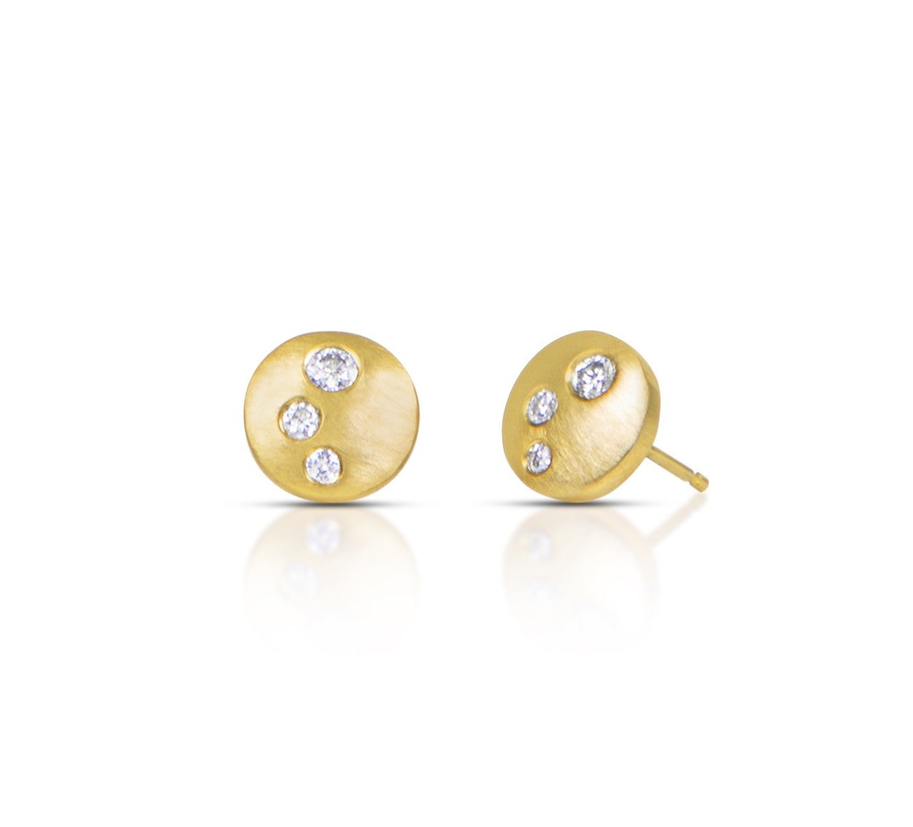 Gold earrings with embedded diamonds on a white background