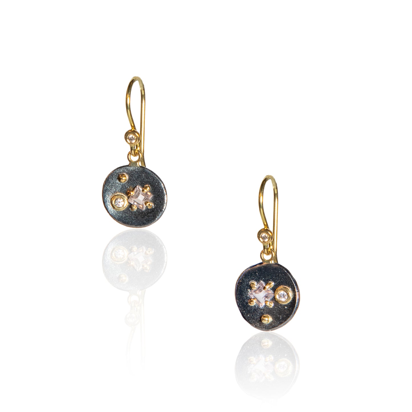 Mixed Metal disc earrings with tourmaline and diamonds on gold ear wire