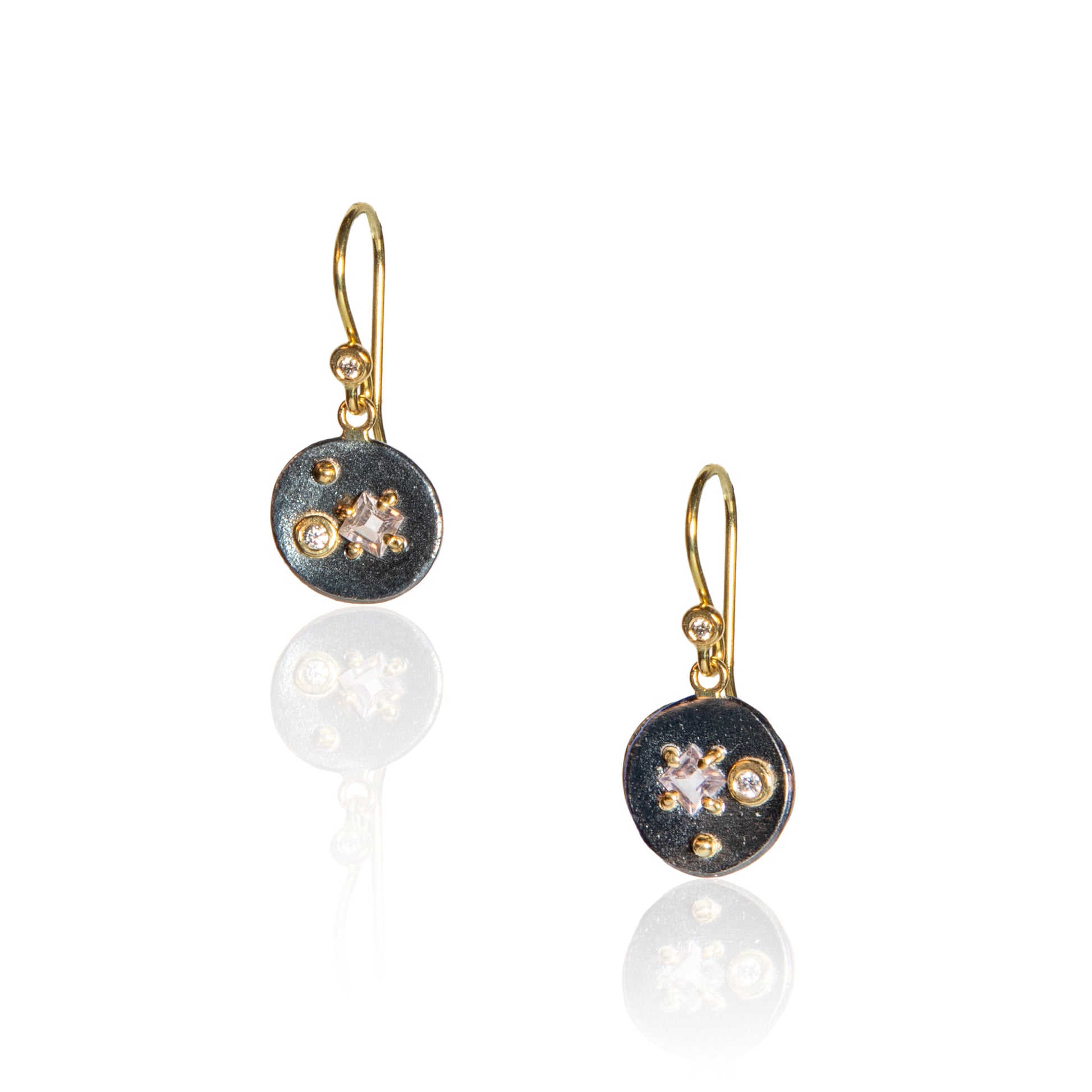 Mixed Metal disc earrings with tourmaline and diamonds on gold ear wire