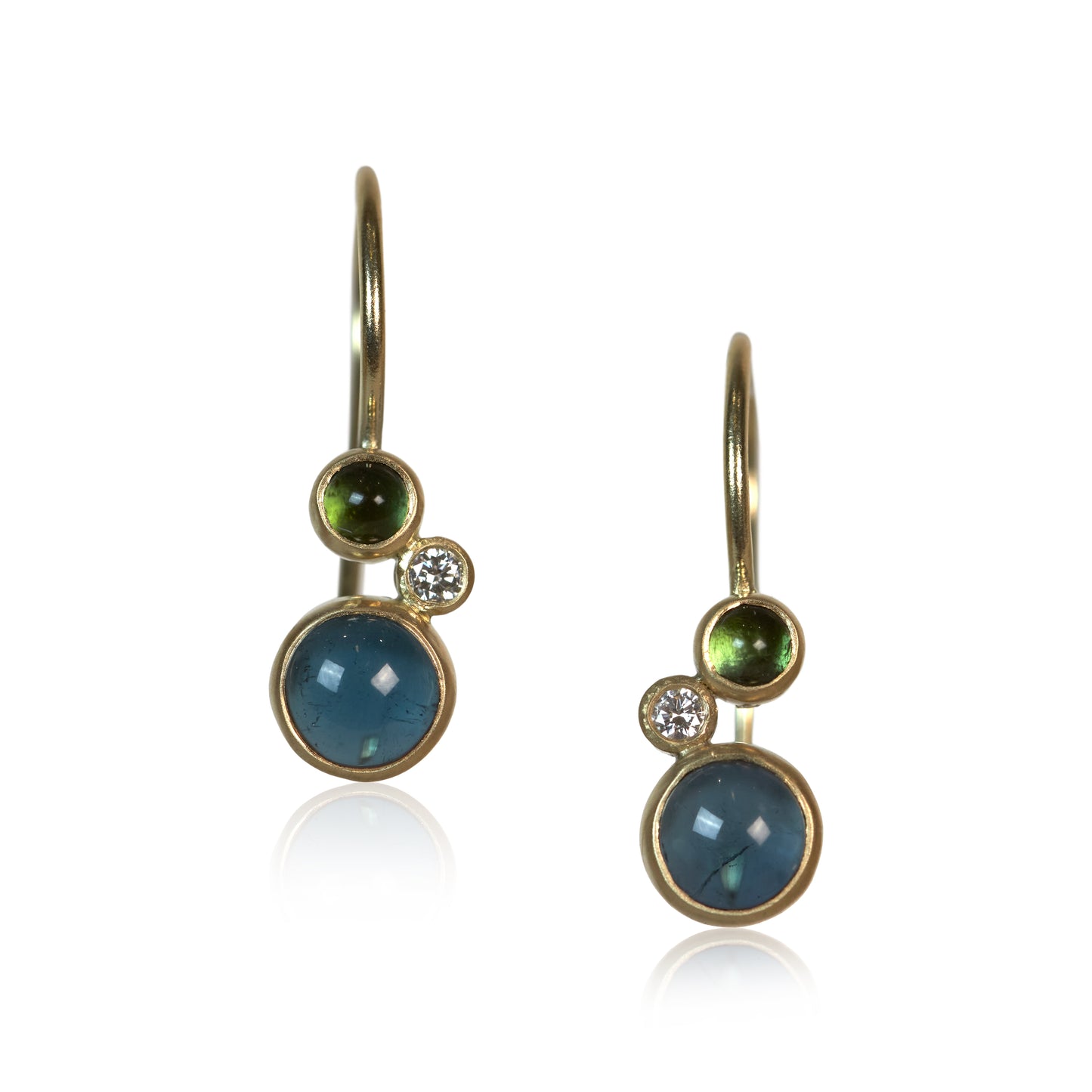 A pair of dangle earrings each with a blue and a green round tourmaline and smaller white diamond all set in 14k yellow gold.