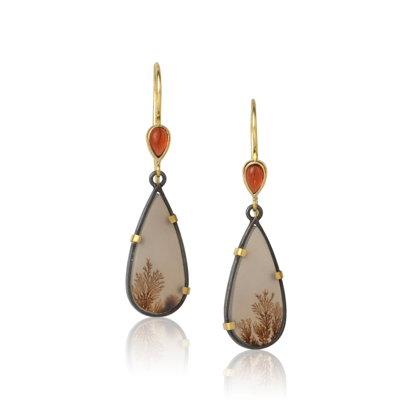 pear shaped dendritic agate earrings with orange Mozambique garnets on gold ear wires
