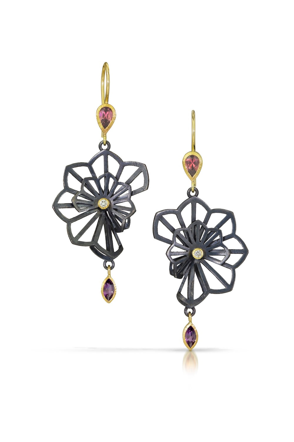 Double Hyacinth Earrings with Rhodolite Garnets, Amethysts and Diamonds