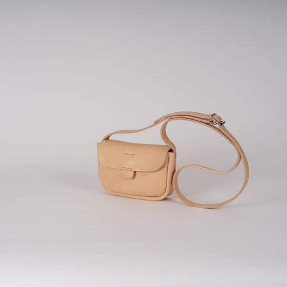 Picture, front and side of light brown handbag on plain grey background.