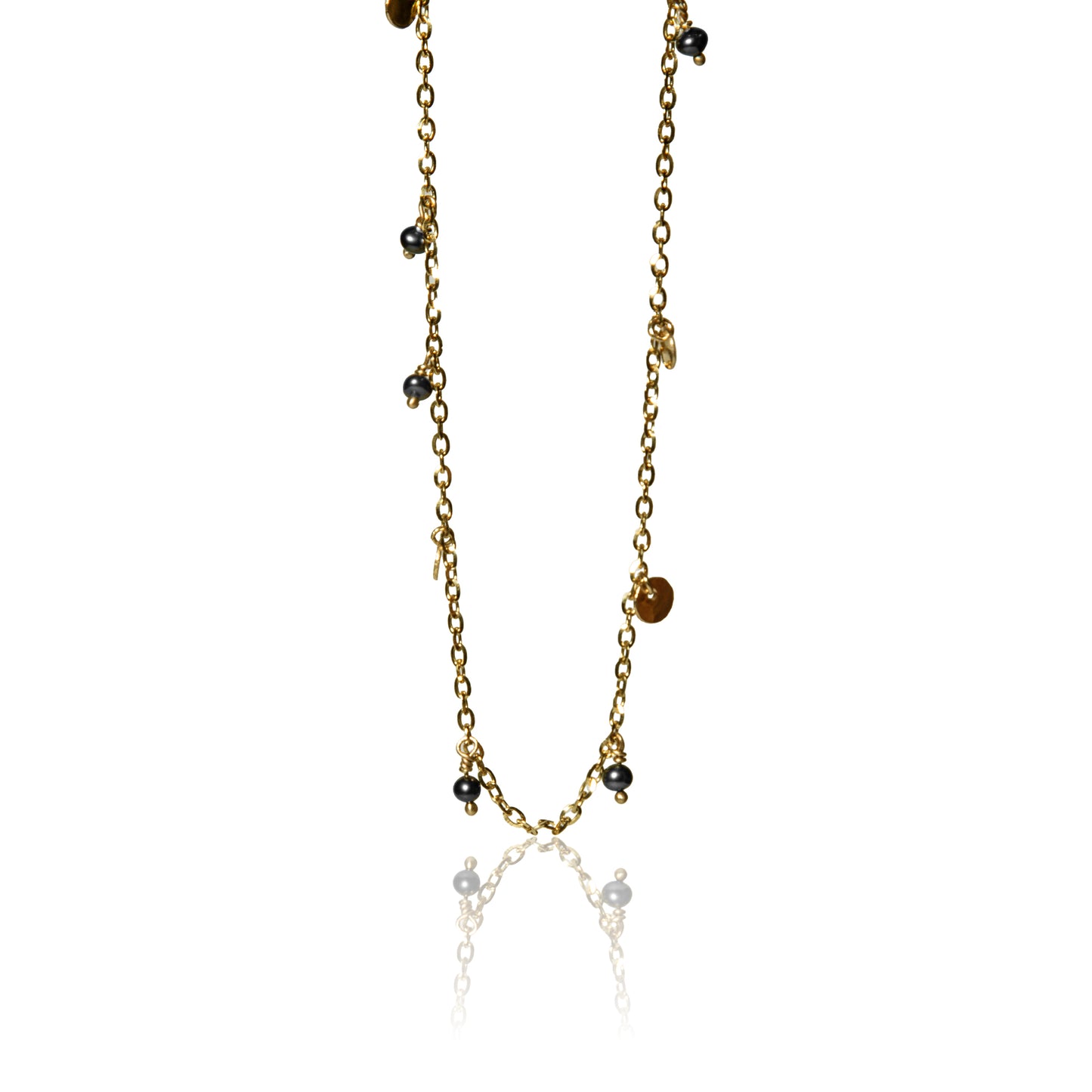 gold chain embellished with black pearls and gold discs