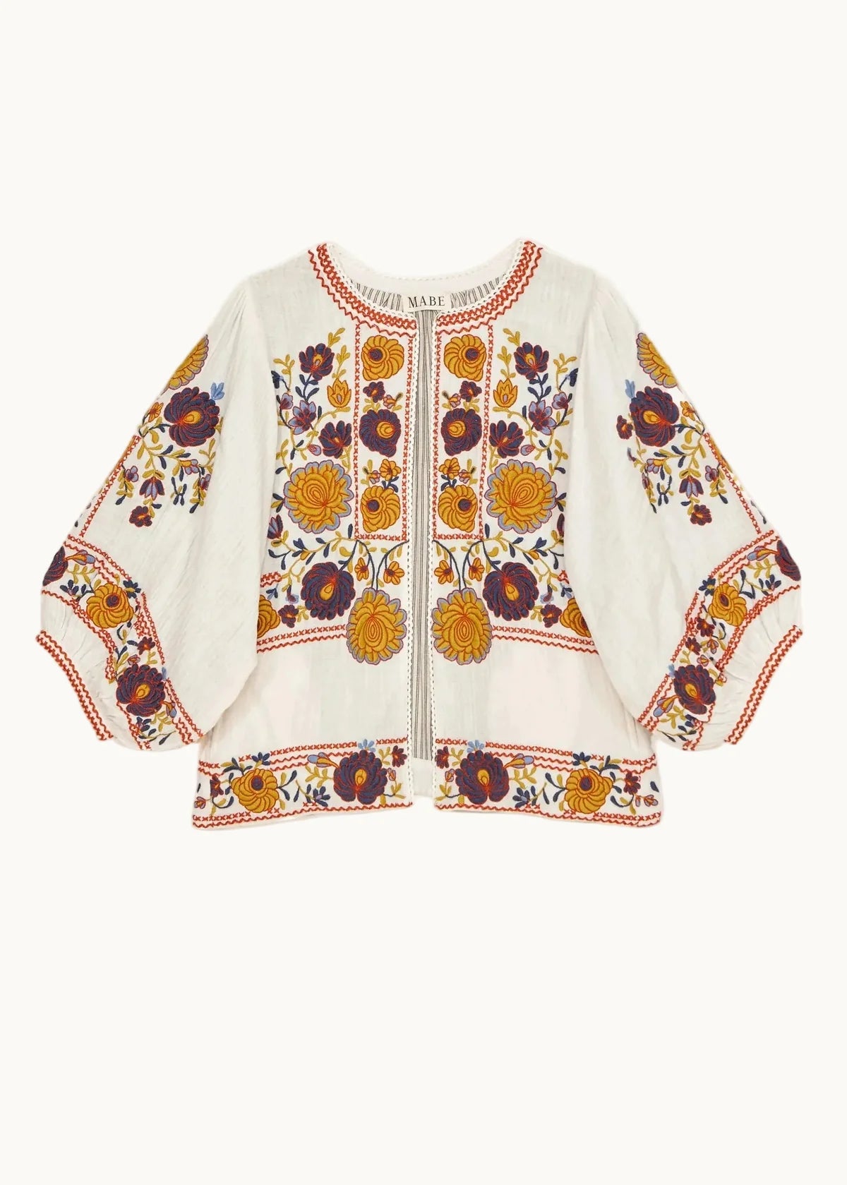 Embroidered blouse with floral patterns on a white background