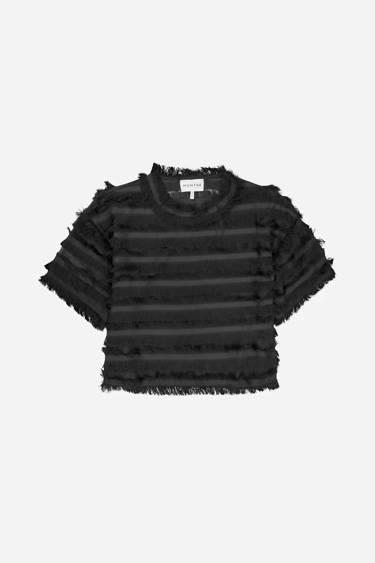Black striped sweater with frayed edges on a white background