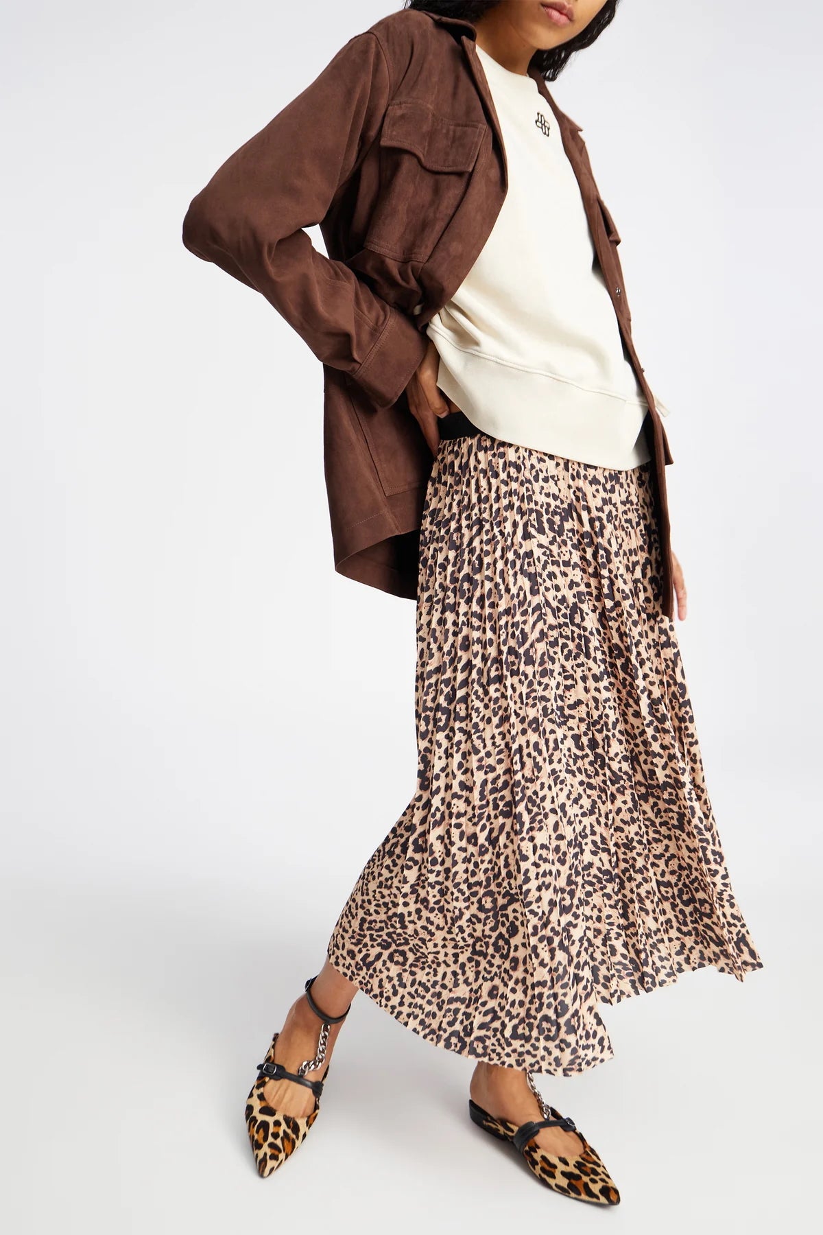 Picture of young women standing sideways against a white background with dark brown eyes and black shoulder length hair. Wearing a leopard print pleated skirt , dark brown jacket and a light brown short sleeve knit.