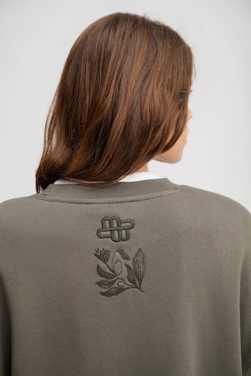 Person wearing a green sweater with a floral design on the back against a white background