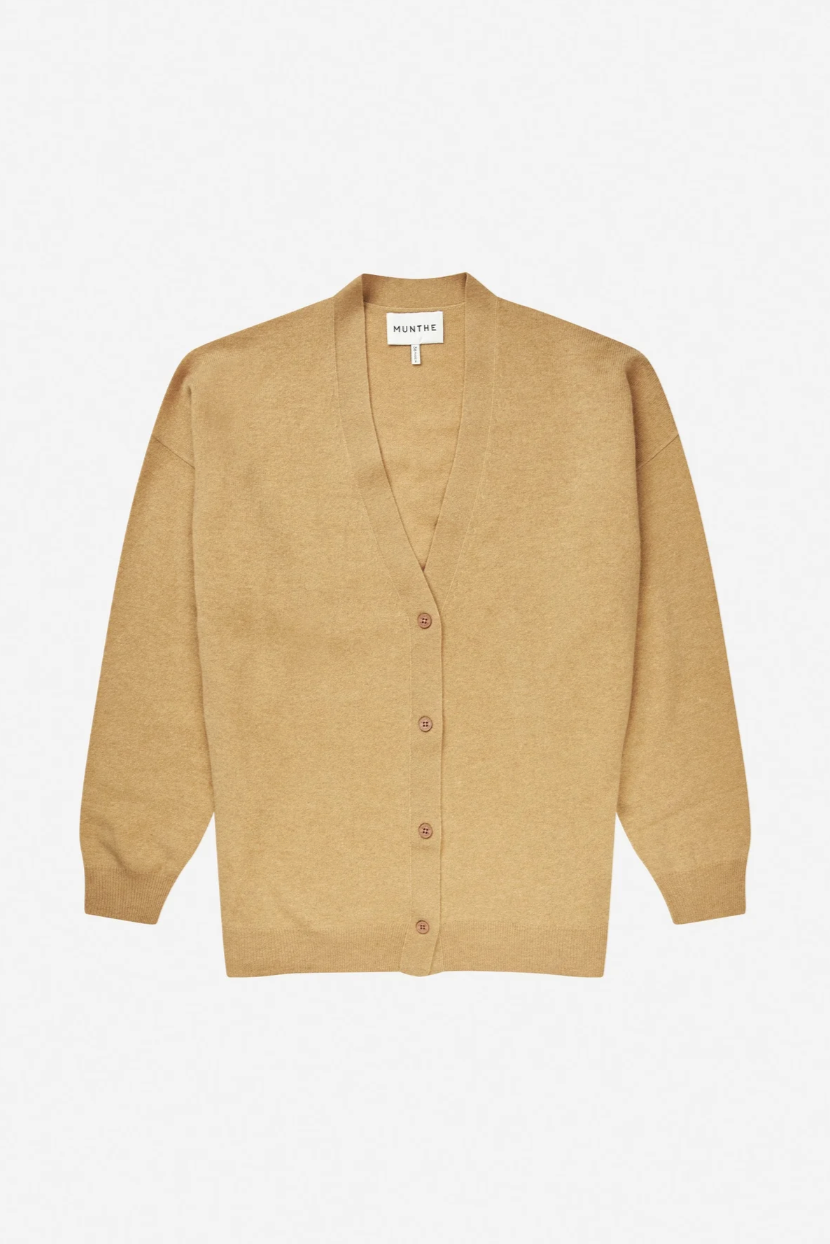 Product shot of camel colored cardigna