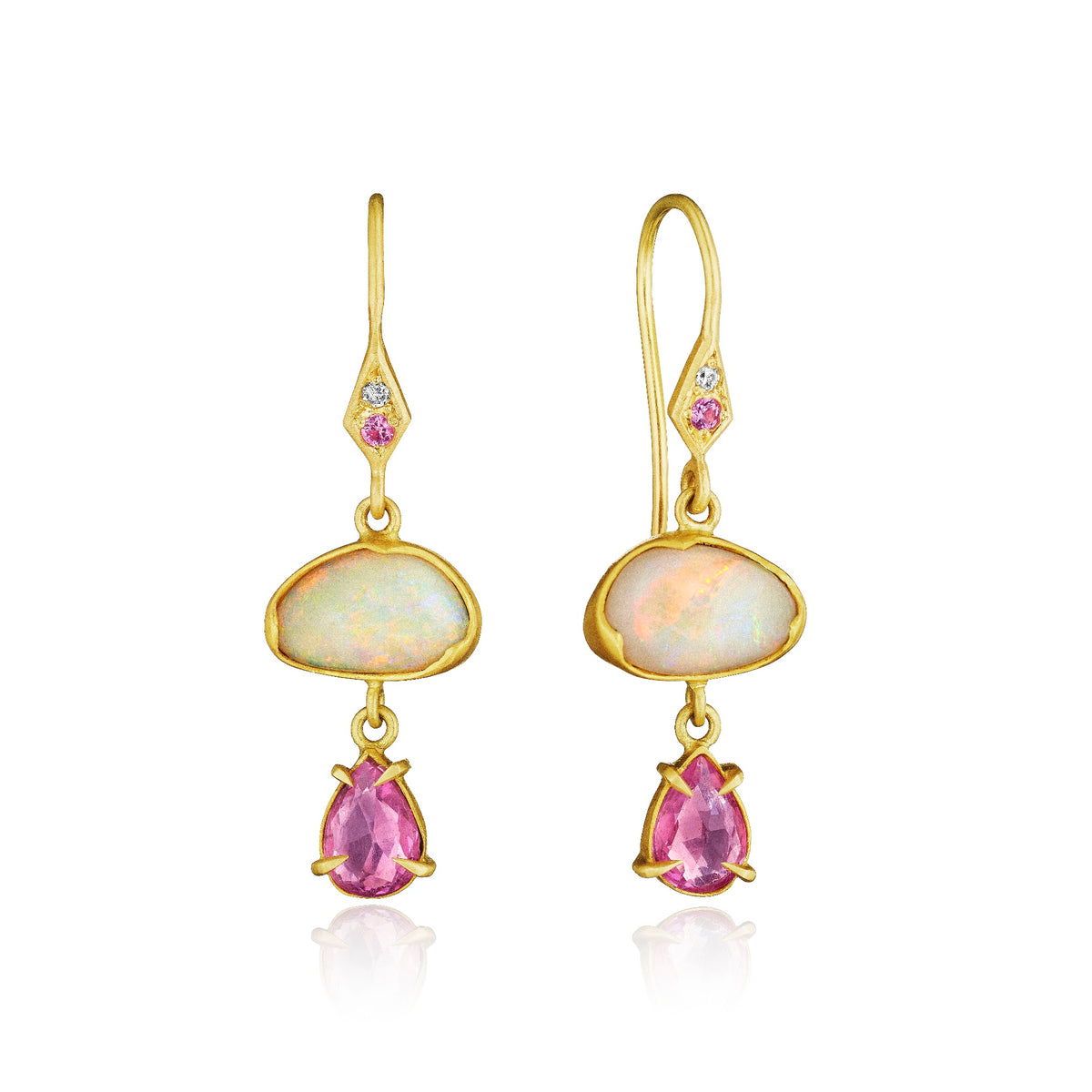 A pair of yellow gold drop earrings with opals and pink sapphires.