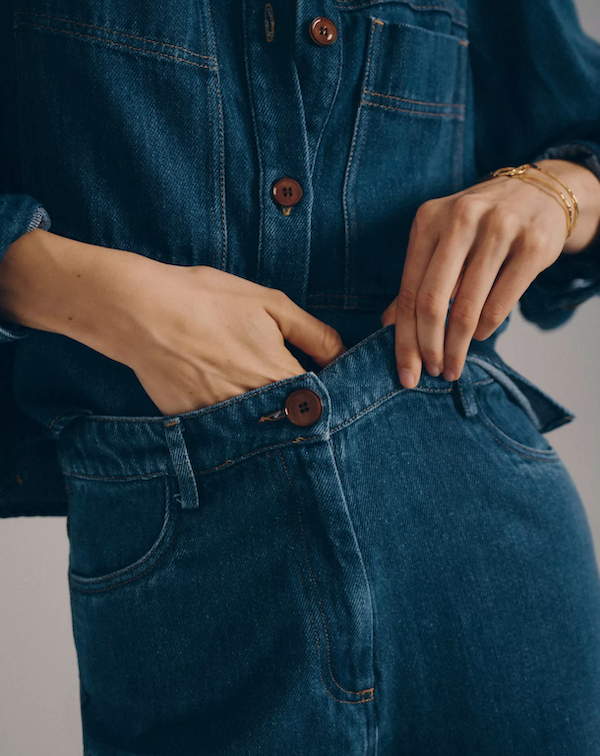 close up detail of waist band of denim pants by sessun