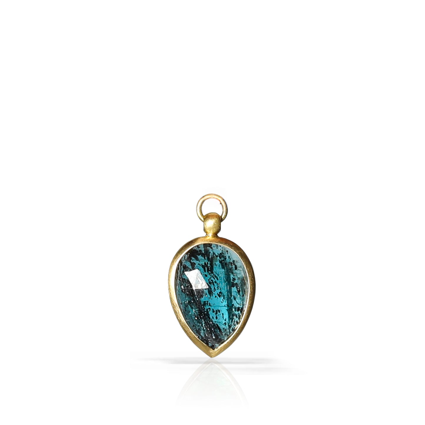 A teardrop-shaped pendant featuring a dark blue marbled gemstone in a gold bezel setting with a top loop, shown on a clean white background with a soft reflection.