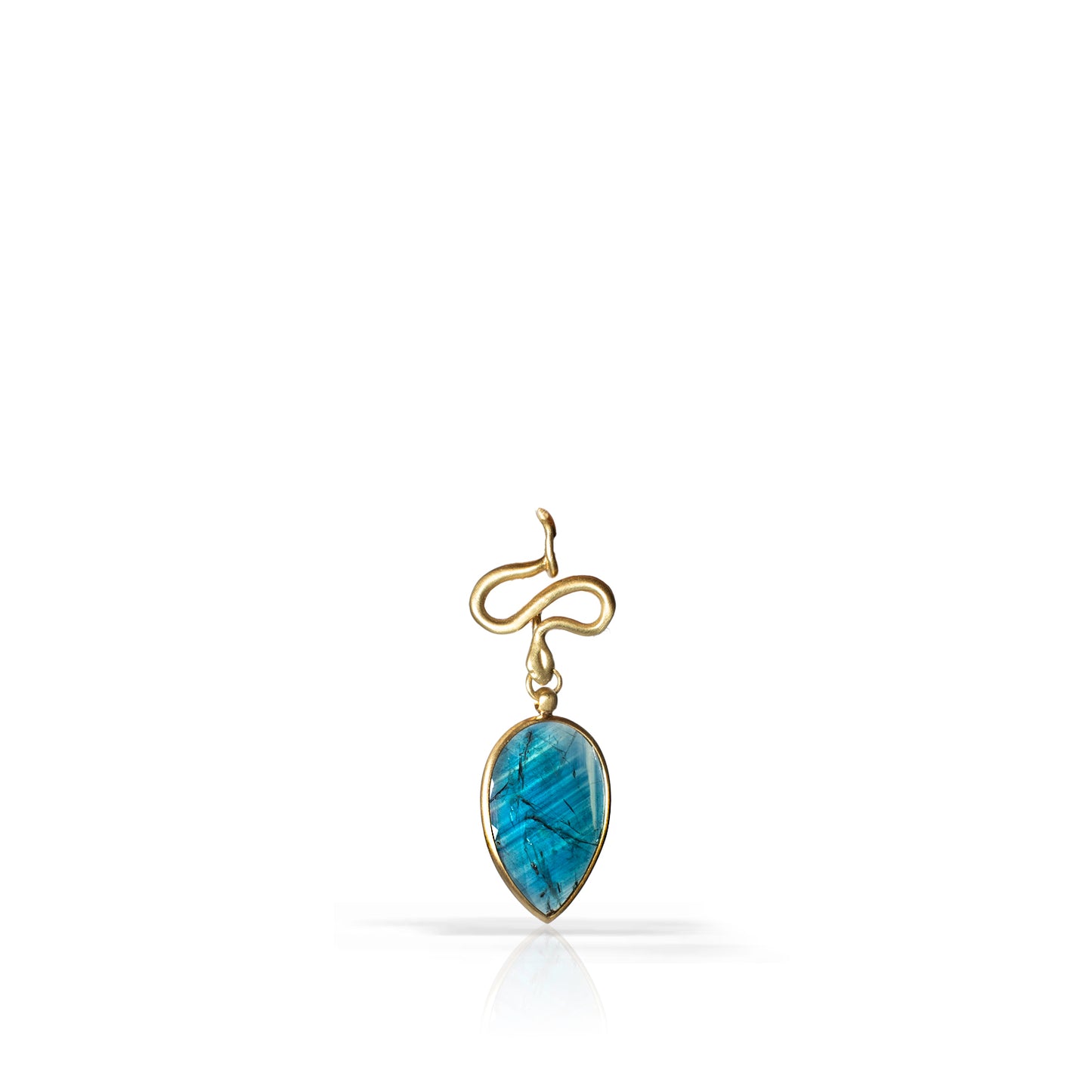 A gold pendant featuring a teardrop-shaped blue labradorite gemstone and a stylized gold snake wrapping around the bail, shown on a clean white background with a soft reflection.