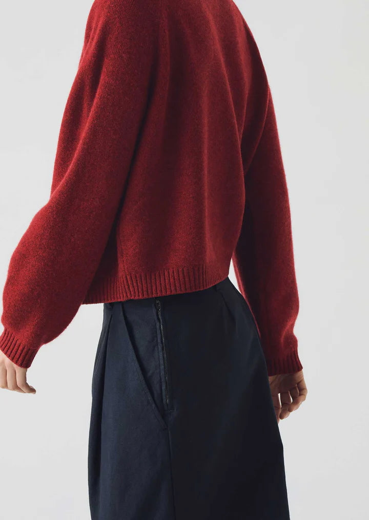Person wearing a red sweater and dark pants on a white background