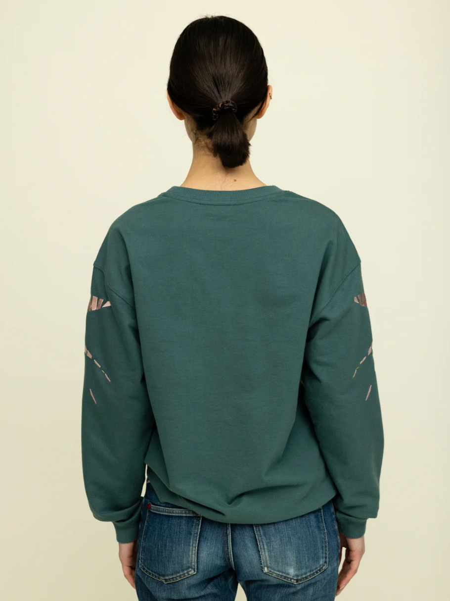 cropped image of rear view of woman with brown hair tied back wearing dark green sweatshirt with pink embroidery showing on the sleeves