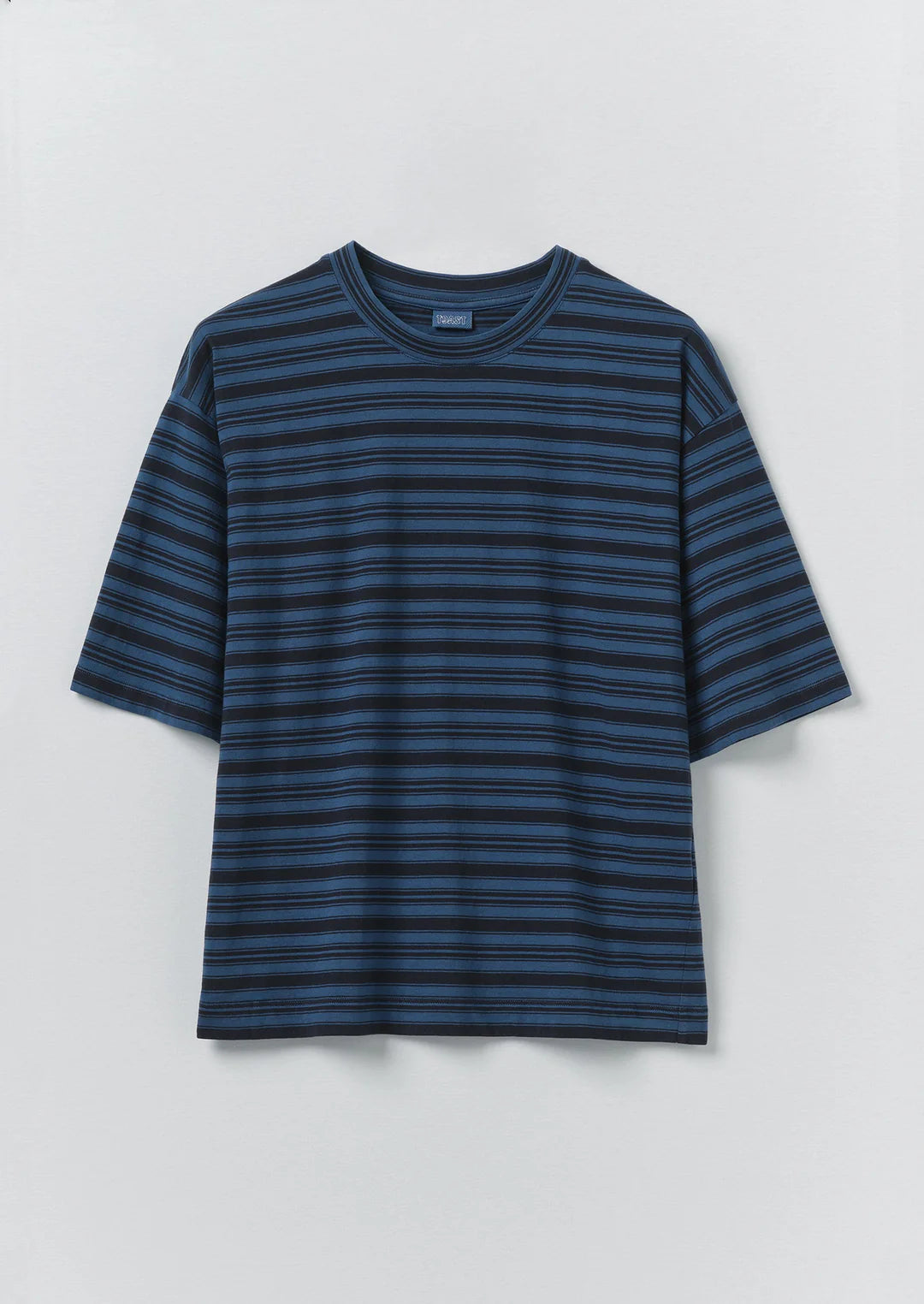 Blue and gray striped shirt on a light gray background