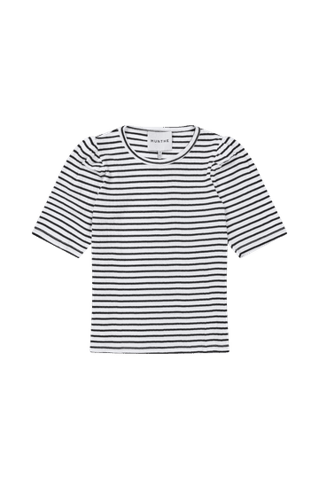 short sleeved black and white striped t-shirt with puffed sleeves