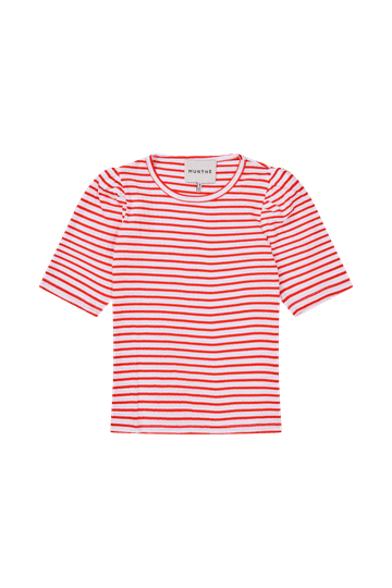 Short sleeved red and white striped t-shirt with puffed sleeve detail