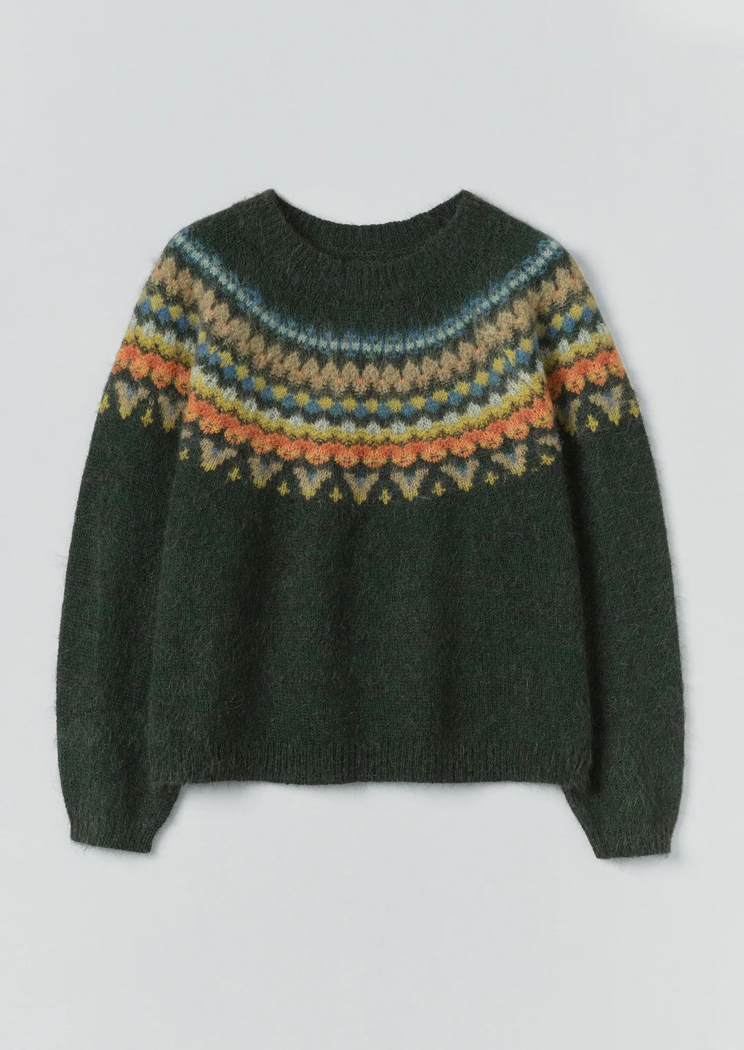 Green sweater with a colorful pattern on a light gray background