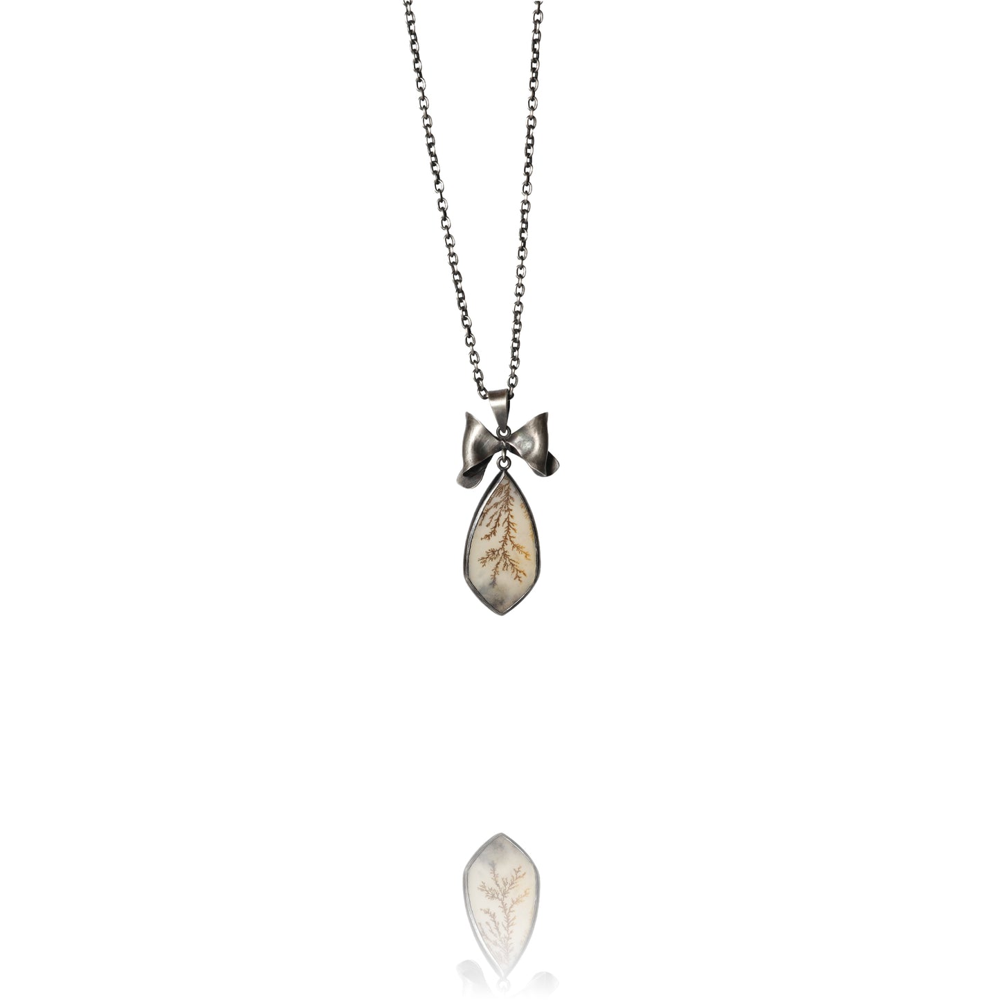 Oxidized silver bow necklace with dendritic agate