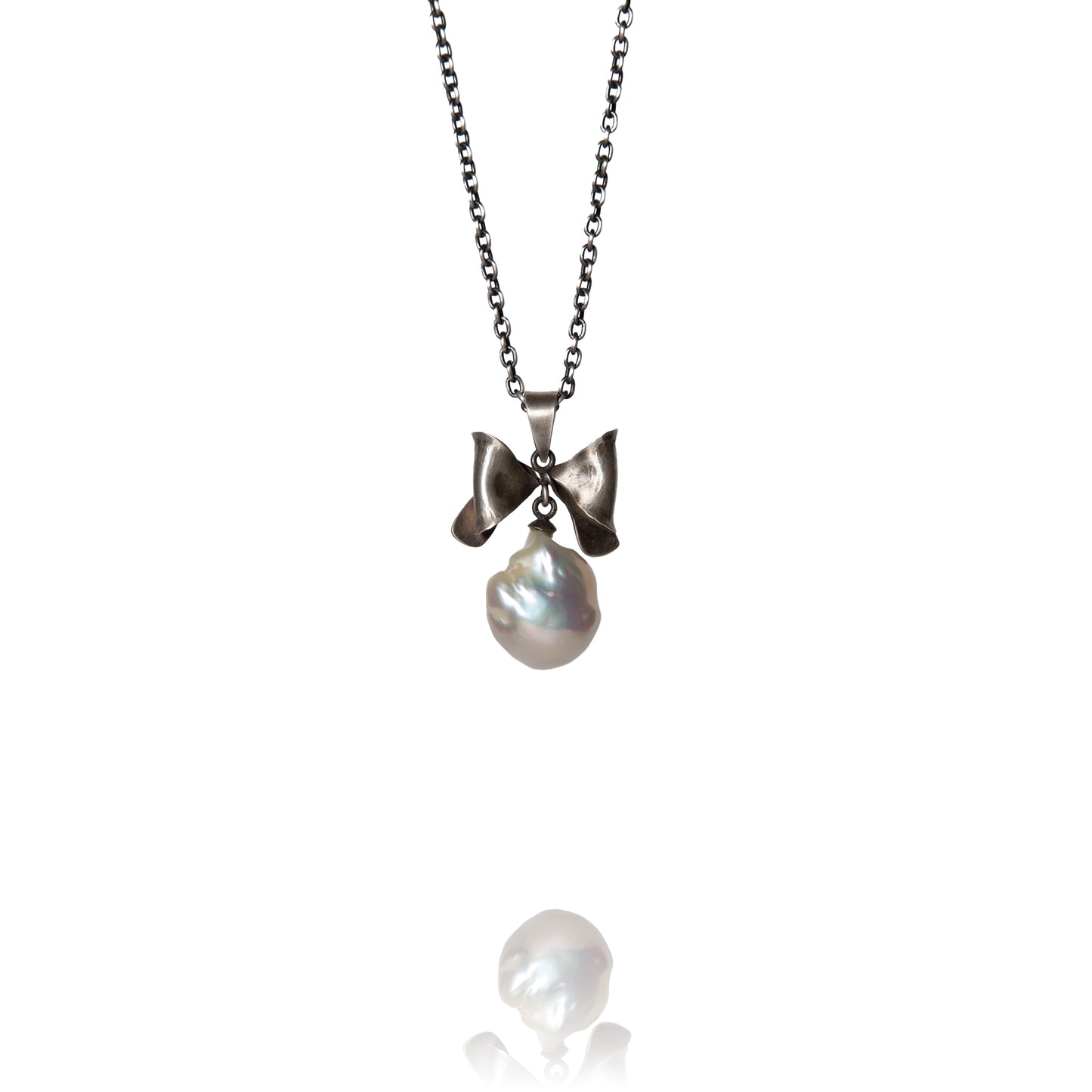 Oxidized sterling silver bow necklace with baroque pearl