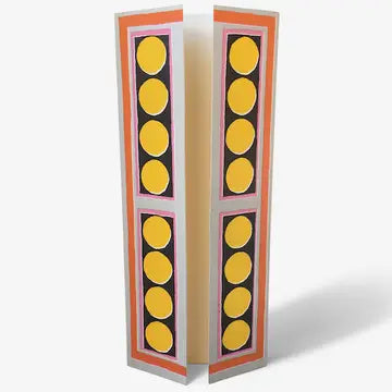 greeting card with illustration of Vanessa Bell's wardrobe from the Charleston collection in yellow, black, ink and orange