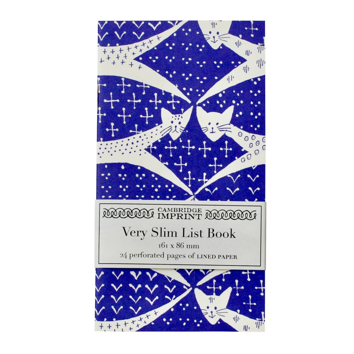 Cambridge Imprint very slim list book with blue and white cat pattern on a white background