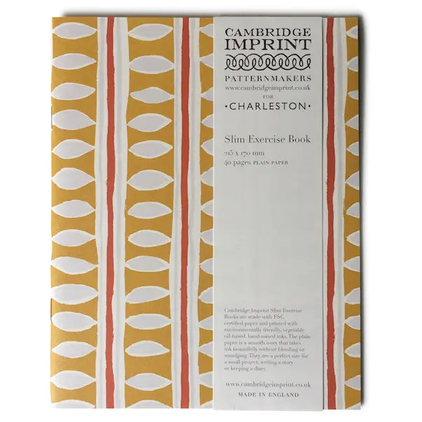 image of block print design exercise book in yellow and red stripe