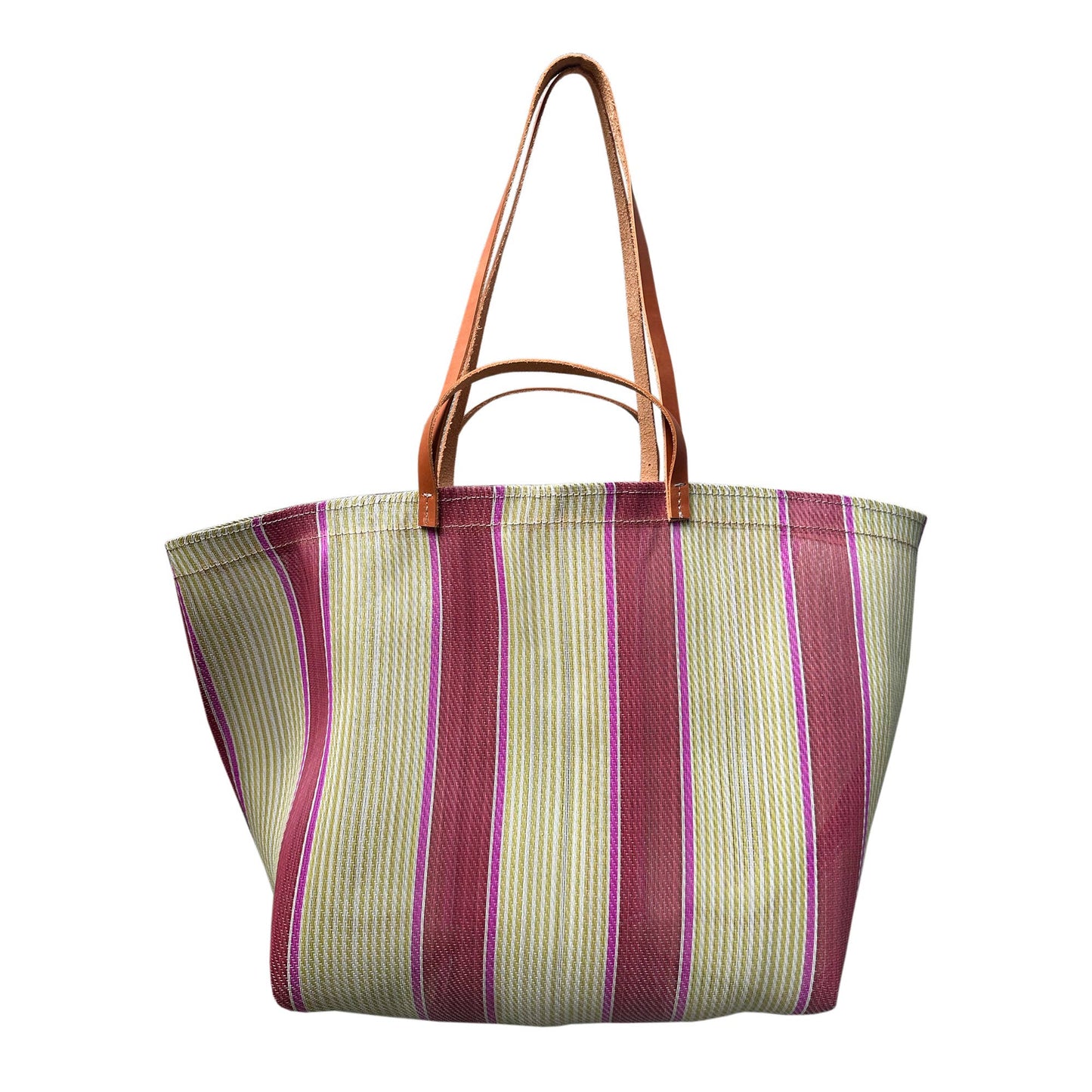 Picture of purple, pink and yellow strped total back. Front view.