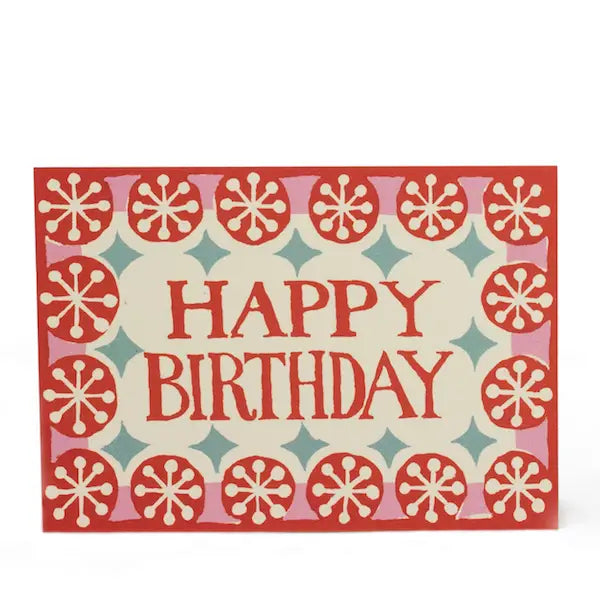 block print Happy Birthday card in coral, red and turquoise