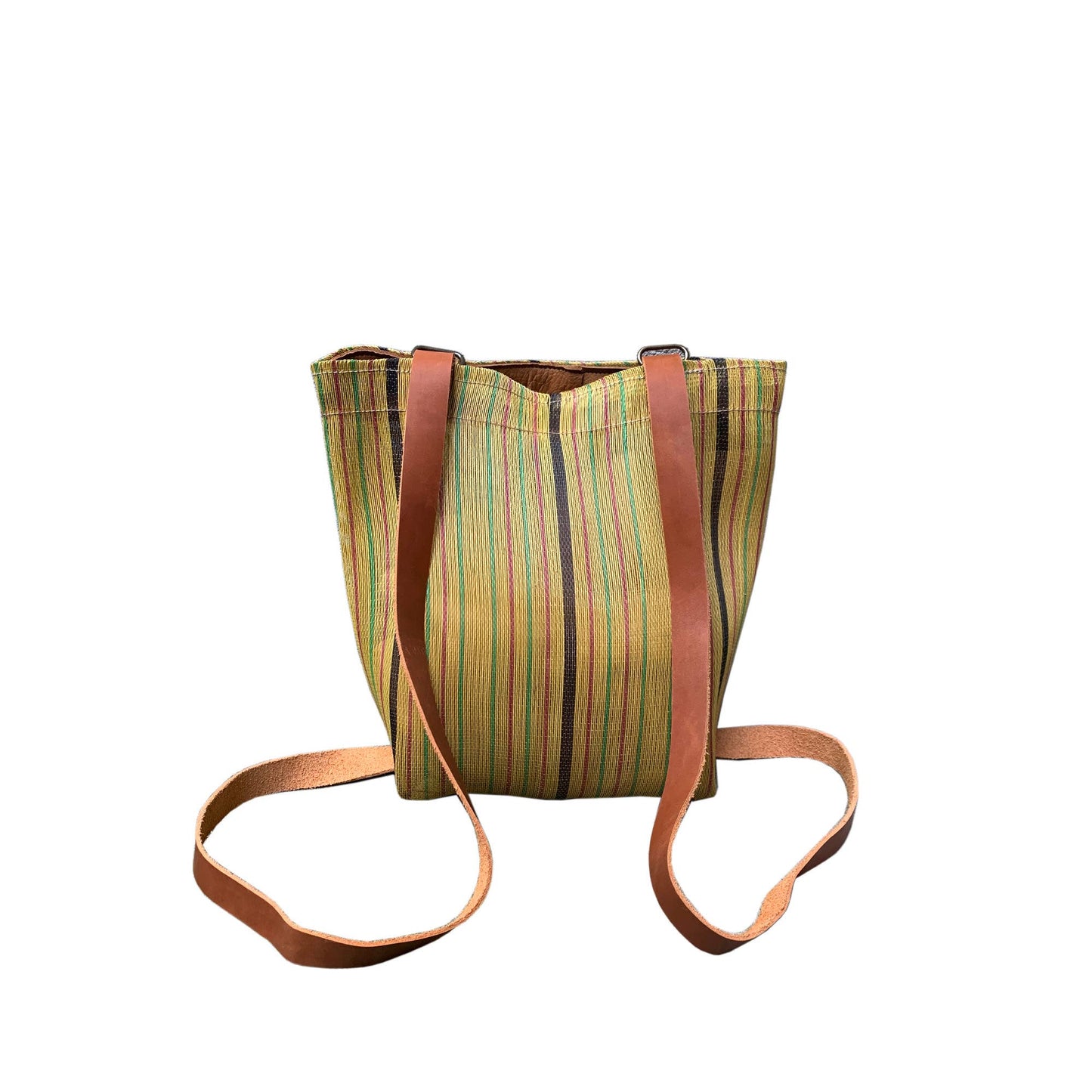 Picture of yellow striped tote bag against a white background.