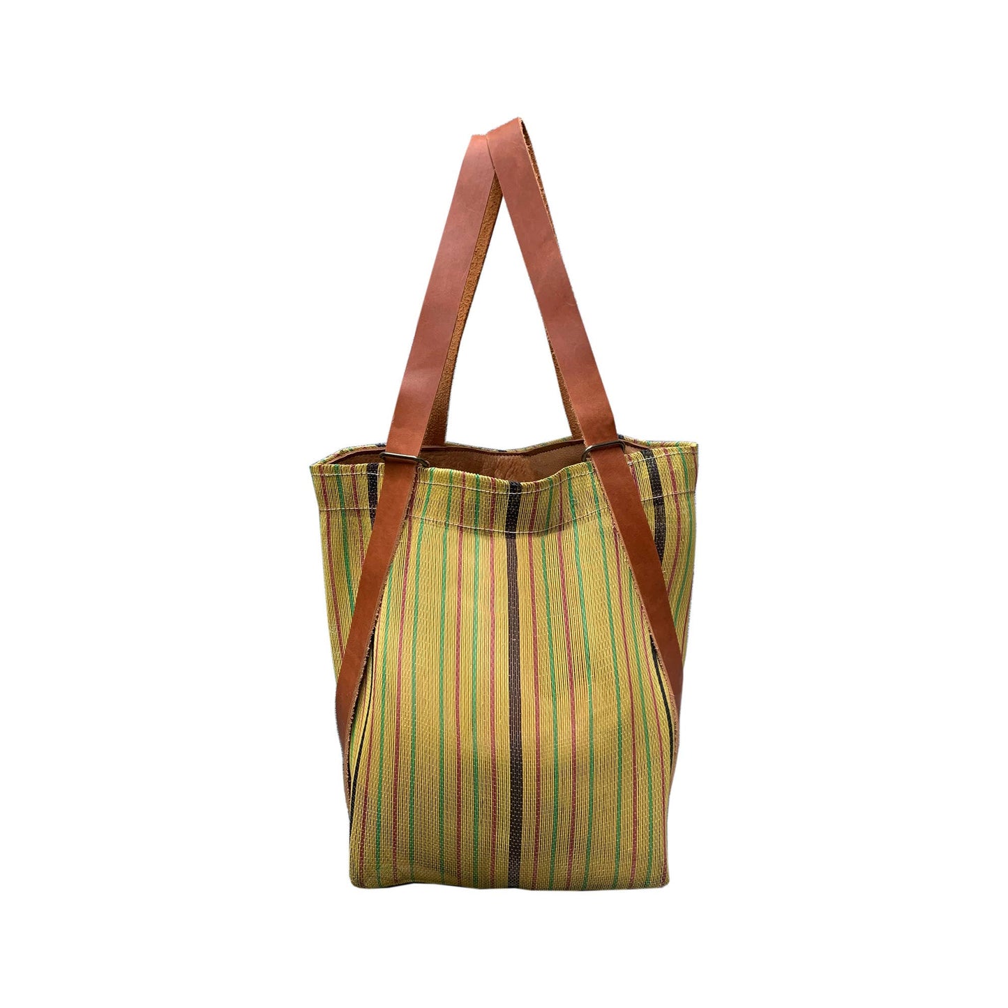 Picture of yellow striped tote bag against a white background. With upright leaher straps.