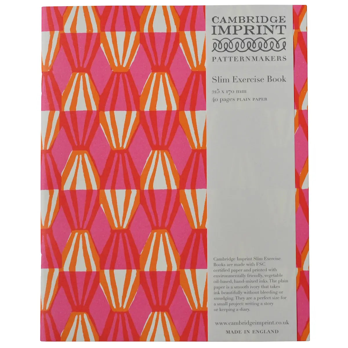 Exercise book with diamond block print pattern in pink and orange and white